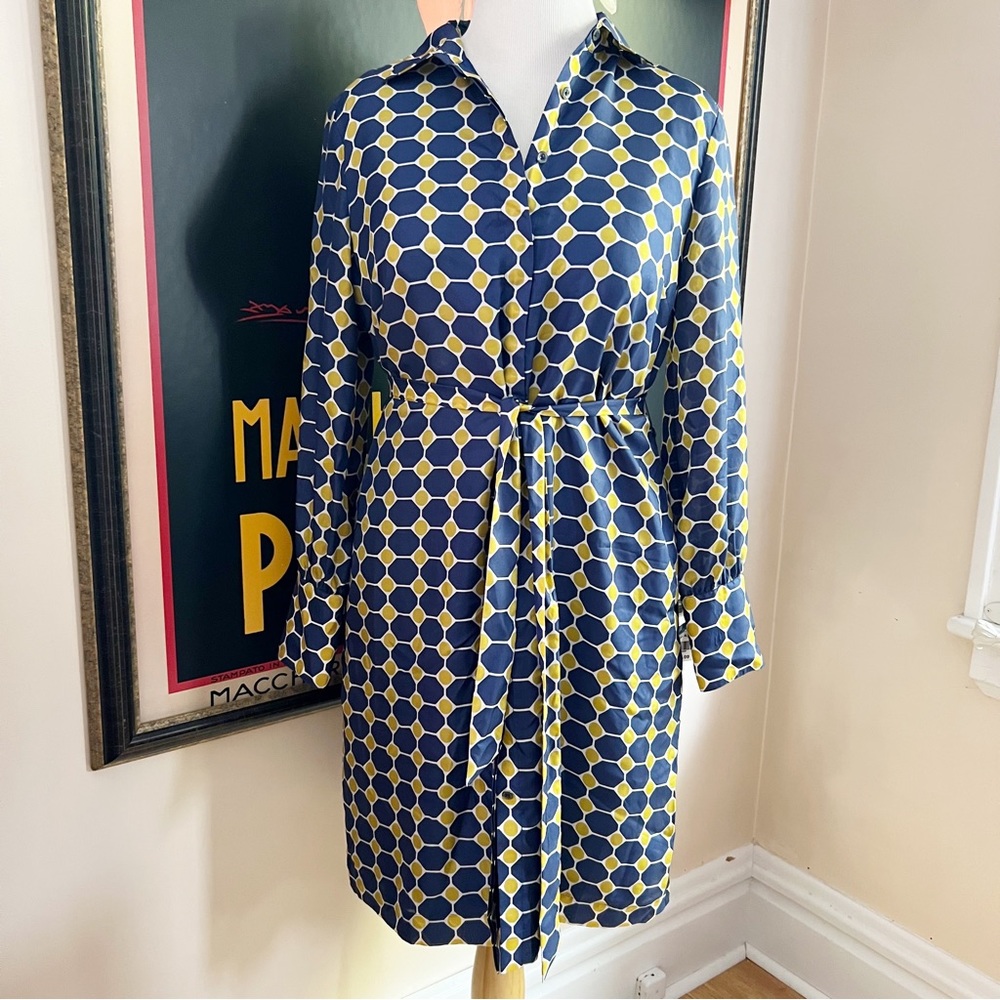 Brooks Brothers: Blue and Yellow Octagon Silk Shirt Dress Woven In Italy Size 12
